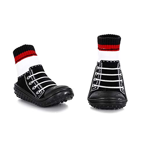 Product Cover HOWELL Baby Rubber-Grip Sole Socks Shoes Anti Slip Floor Socks with Soft Rubber Bottom Infant Newborn Cotton Sock Boots(Black Tie,11cm), 6-12 Months M US Infant
