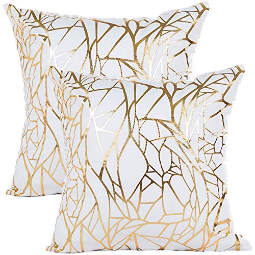 Product Cover wanerxin White Sofa Throw Pillow Covers 18 x 18 (45cm x 45cm) Gold Stamping Love Tree Geometric Square Decorative Super Soft Cushion Cover for Sofa Couch Patio Set of 2 (Irregular and Irregular)