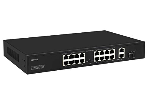 Product Cover 16 Port Plug and Play PoE+ Switch with 2 Gigabit Uplink Ports, Up to 30W Per Port, Total Budget 250W, 803.af/at Compliant, Extend Mode 600ft