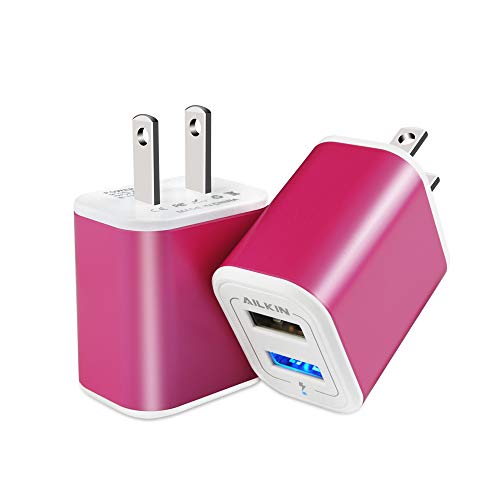 Product Cover USB Charger Adapter, Wall Charger, Ailkin 2.1A/2Pack Dual Port Fast Charging Cube Power Charge Plug Replacement for Phone X/8/7 Plus, Samsung Note9/S9/S8/S7, Kindle Fire and More- Rose