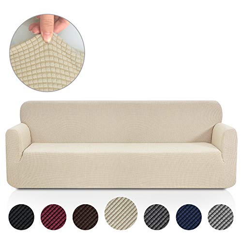 Product Cover Rose Home Fashion RHF Jacquard-Stretch Sofa Cover, Slipcover for Leather Couch-Polyester Spandex Sofa Slipcover&Couch Cover for Dogs, 1-Piece Sofa Protector(Extra-Wide Sofa: Beige)