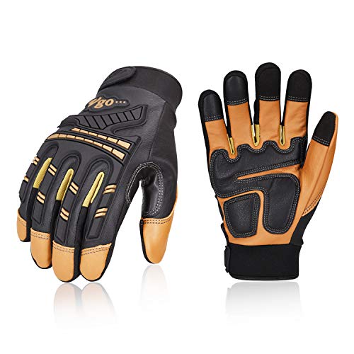 Product Cover Vgo 3Pairs High Dexterity Water Repellent Goat Leather Heavy Duty Mechanic Glove,Rigger Glove,Anti-vibration,Anti-abrasion,Touchscreen (Size XL,Brown,GA8954)