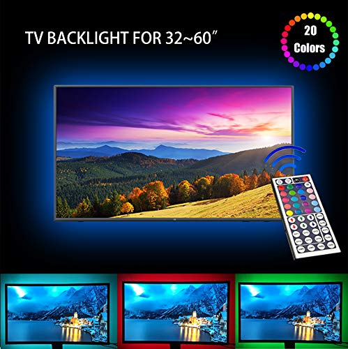 Product Cover LED TV Backlight, USB Basic Lighting for 32-60in Television, Dimmable RGB Led Strip Lights with 20 Colors and IR Remote Control for Home Theater Decoration and Reduce Eye Strain and Increase Image Cl