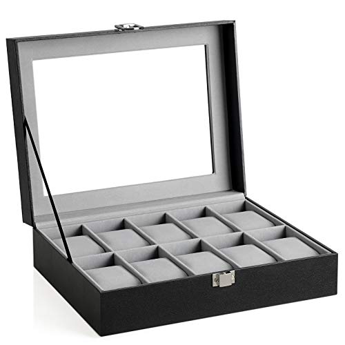 Product Cover SONGMICS 10 Slots Box, Holder with Glass Lid, Case with Removable Pillow, Velvet Lining, Metal Clasp, Premium Watch Display, Faux Leather, Black UJWB010BK