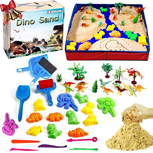 Product Cover Dino Play Sand Kit for Kids 3lbs Cool Dinosaur Edition Motion Sand with an Inflation-Free Sandbox and Numerous Dino Moulds and Tools Creative Toys for Boys and Girls Ages 3 4 5 6 7+ Year Old