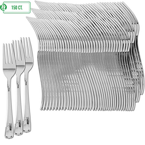 Product Cover Plastic Silverware | Heavy Duty & Solid Cutlery Disposable Utensils Set | Perfect for Weddings, Buffets, Luncheon, Birthdays, More | Pack of 150 Silver Plastic Forks