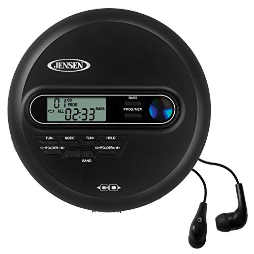 Product Cover Jensen Portable CD Player Personal CD/MP3 Player + AM/FM Radio + with LCD Display Bass Boost 60-Second Anti Skip CD R/RW/Compatible+ Sport Earbuds Included (Limited Edition Black Series)