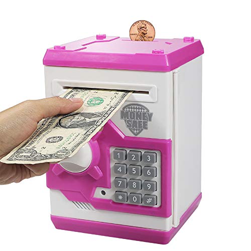 Product Cover Suliper Baby Toy for Children Electronic Code Lock Piggy Banks Mini ATM Electronic Coin Bank Box for Kids Birthday Gift (White/Pink)