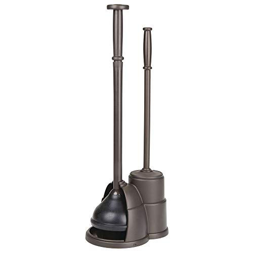 Product Cover mDesign Modern Slim Compact Freestanding Plastic Toilet Bowl Brush and Plunger Combo Set with Holder for Bathroom Storage Organization, Sturdy, Heavy Duty, Deep Cleaning, Covered Brush - Bronze
