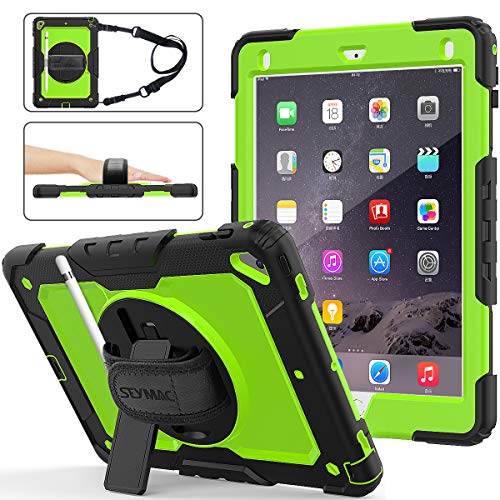 Product Cover iPad 6th/5th Generation Case, SEYMAC Stock [Full-body] Drop Protect &Shockproof Hybrid Armor Protection with 360 Rotating Stand [Pencil Holder] Hand Strap for iPad 5th/6th/ Air 2/ Pro 9.7(Green+Black)