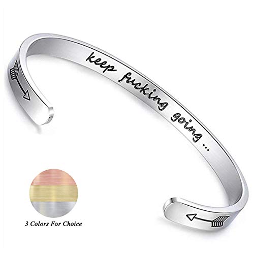 Product Cover CERSLIMO Bracelets Inspirational Gifts for Women,Stainless Steel Personalized Engraved Positive Quote Keep Going Bracelets Cuff Bangle Motivational Friendship Encouragement Gifts for Men Teens Girls