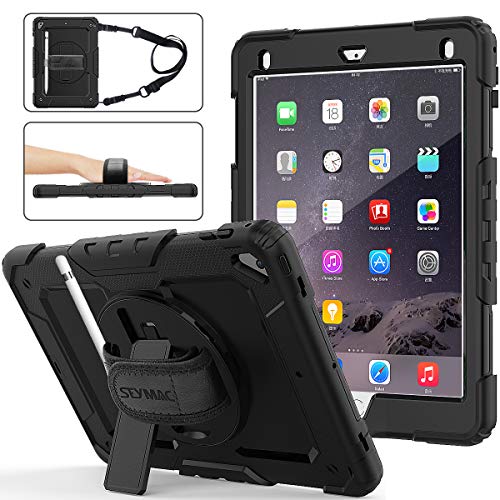 Product Cover SEYMAC stock iPad 6th/5th Generation Case, Three Layer Hybrid Drop Protection Case with [360 Rotating Stand] Hand Strap &[Stylus Pencil Holder] for iPad 5th/6th 2018/2017, Air 2 and Pro 9.7 (Black)