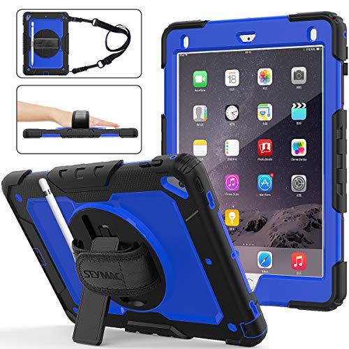 Product Cover SEYMAC Stock iPad 6th/5th Generation Case, Shockproof [Full-Body] Rugged Armor Case with 360 Rotating Stand [Pencil Holder] [Screen Protector] Hand Strap for iPad 6th/5th/ Air 2/ Pro 9.7 (Blue+Black)