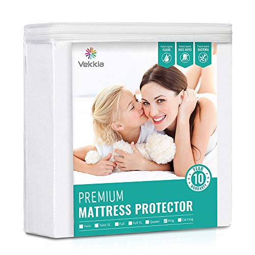 Product Cover Vekkia King Size Mattress Protector Waterproof Bed Cover - Soft Cotton Terry Surface Fabric, Breathable, Quiet, Hypoallergenic. Pet & Fluids Proof. Safe Sleep for Adults & Kids (King)