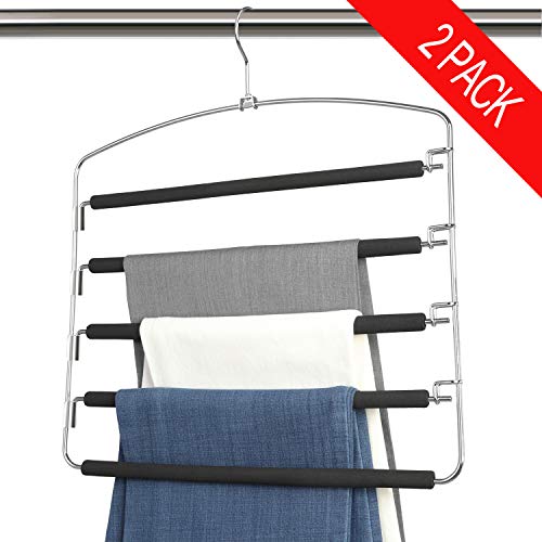 Product Cover Bloberey Pants Hangers 5 Layers Metal Slack Magic Hangers Non-Slip Foam Padded Swing Arm Space Saving Hanger Clothes Closet Storage Organizer for Pants Jeans Trousers Skirts Scarf Ties Towels（2 Pack）