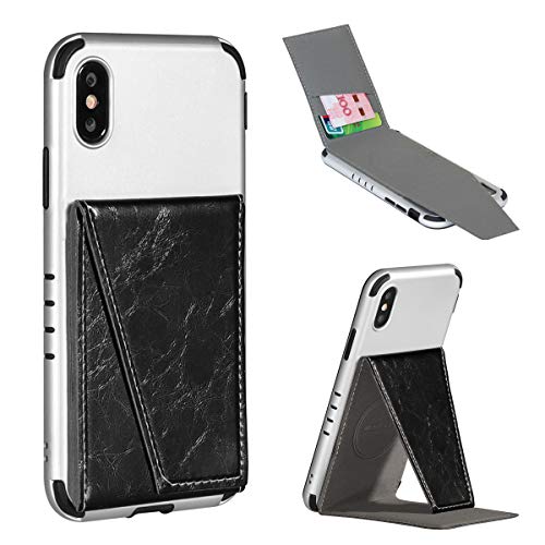 Product Cover BIBERCAS Phone Card Holder with Stand,Adhesive Stick On Credit Card Slot, Leather Wallet Case with Kickstand for iPhone Android Universal Smartphones-Black