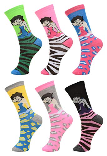 Product Cover DARESAY Womens Girls Crew Socks Funny Novelty Colorful Cute Patterned Casual Socks, Animal Print/Betty Boop - 6-Pack