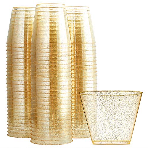 Product Cover WDF 200pcs 9OZ Gold Cups,Disposable Gold Glitter Plastic Cups-Premium Wedding Cups-Party Cups