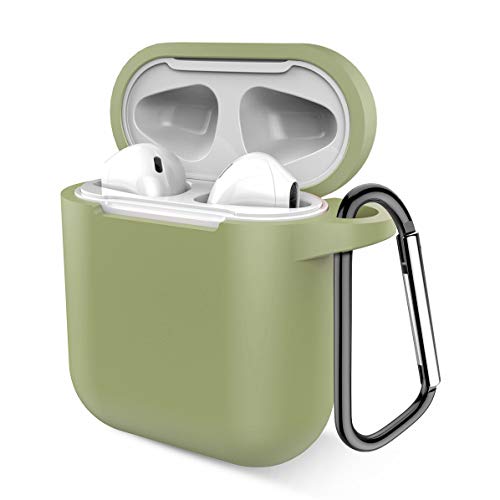 Product Cover Airpods Case, Music tracker Protective Thicken Airpods Cover Soft Silicone Chargeable Headphone Case with Anti-Lost Carabiner for Apple Airpods 1&2 Charging Case (Greyish Green)