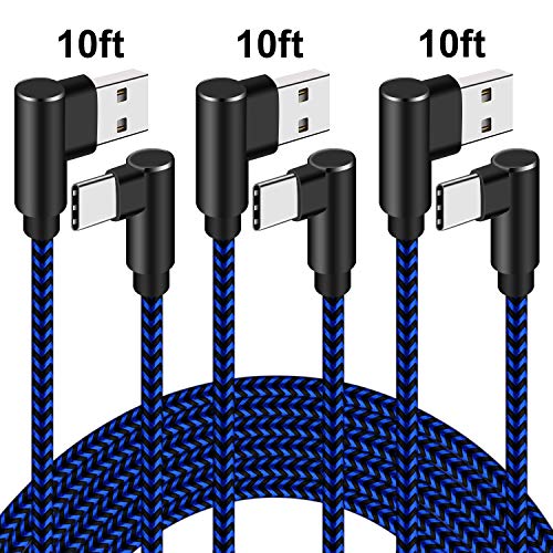 Product Cover Type C Cable Fast Charging Cable 10ft 90 Degree USB C Charger Cable 3 Pack Nylon Braided Data Transfer Fast Charge Cord for Samsung Galaxy S9 S8 Plus, Note 9 8, Moto Z Z2,Nexus 6P/5X(Blue Black, 10ft)
