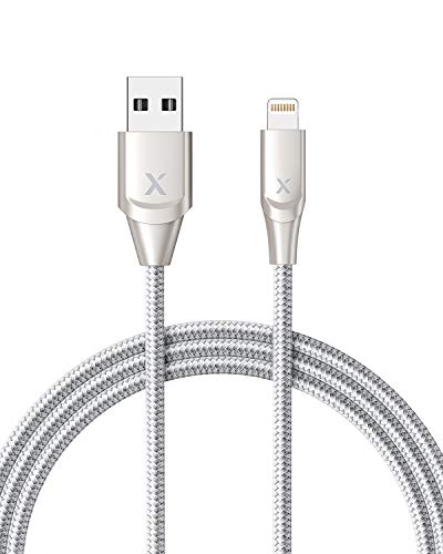 Product Cover Xcentz iPhone Charger 6ft, Apple MFi Certified Lightning Cable iPhone Charger Cable Metal Connector, Durable Braided Nylon High-Speed Charging Cord for iPhone X/XS Ma/XR/8 Plus/7/6/5/SE, iPad, Silver