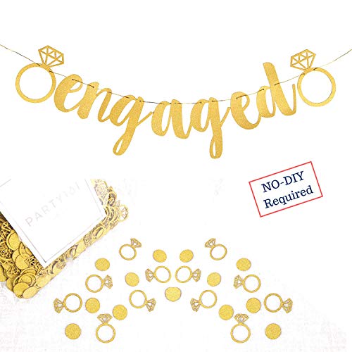 Product Cover Engagement Party Decorations - Extra-Large Engaged Banner + 200 Glittering Gold Ring Confetti - Bridal Shower Sign & Bachelorette Party Favors - Bride to be Engagement Banner Decor