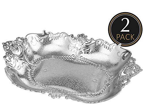 Product Cover Large Silver Plastic Food Serving Tray - 2 Pack Reusable Decorative Rectangular Appetizer Platter - Elegant Modern Weaved Design for Kitchen, Party, Centerpiece Display - by Impressive Creations