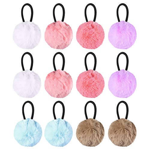 Product Cover Lurrose 12Pcs Fluffy Ball Hair Ties Ponytail Holders Elastic Pom Pom Ball Hair Tie Cute Hair Rope for Toddler Girls Kids (White + Pink + Sky Blue + Khaki + Light Purple + Red 2pcs for Per Color)