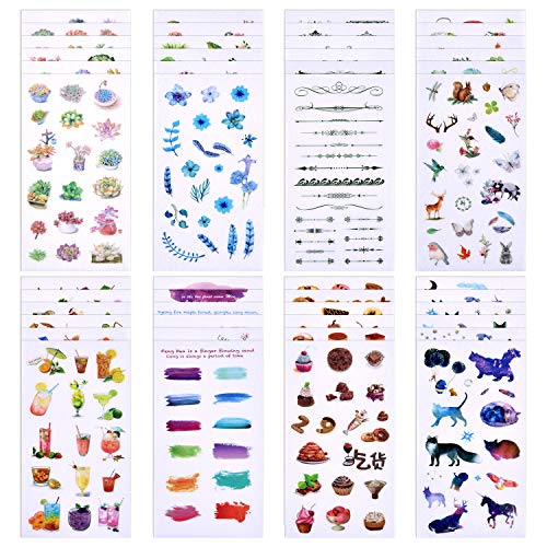 Product Cover Coopay 48 Sheets Journal Decorative Sticker Collection Valuable Set (48 Designs) Plant Flower Fish Food Drink Colourful Theme for Scrapbooking, Calendars, Arts, Kids DIY Crafts, Album, Bullet Journals