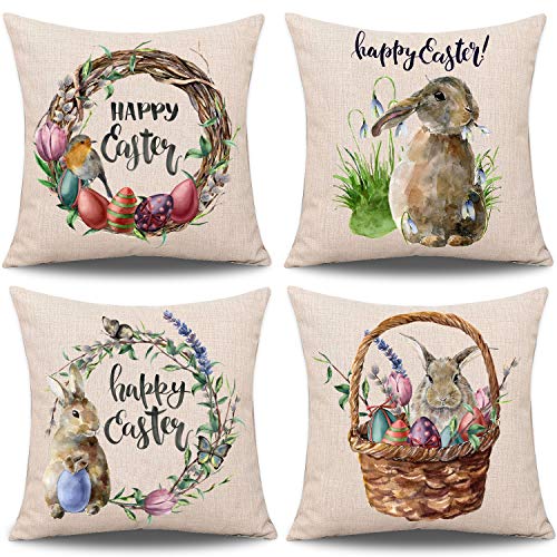 Product Cover Whaline 4 Pieces Easter Pillow Case Rabbit Bunnies with Eggs Pillow Cover, Spring Season's Cotton Linen Sofa Bed Throw Cushion Cover Decoration (18