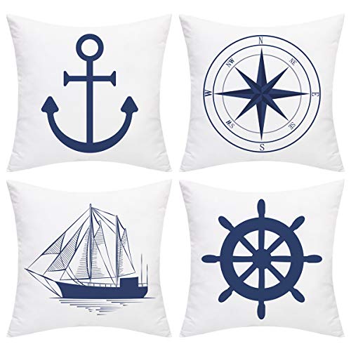Product Cover BLEUM CADE Nautical Sailing Throw Pillow Cover Blue Anchor Navigation Compass Sailboat Pillowcase Set of 4 Decorative Cushion Cover for Home Office Car Sofa Couch (Blue White, 18 x 18 Inch)