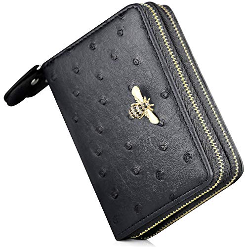 Product Cover RFID Bee Credit Card Wallets 2 Zipper Gold Plated Large Capacity Leather ID Card Holder For Women (Black - Type 2)