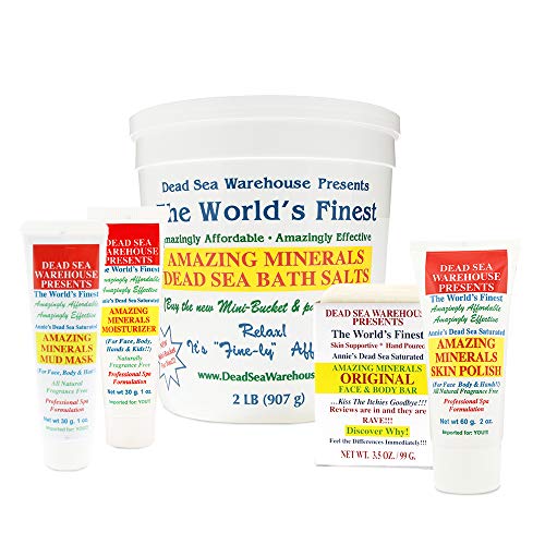 Product Cover Dead Sea Warehouse - Intro Pack: Amazing Minerals Dead Sea Bath Salts (2 lb), Moisturizer (1 oz), Skin Polish (2 oz), Mud Mask (1 oz), and Original Face & Body Bar (3.5 oz) - All Natural Gift Set