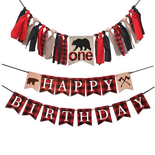Product Cover MaxFor Lumberjack First Birthday Party Supplies Decorations,Buffalo Plaid Camping Wild Bear 1st Birthday Party High Chair Banner,Baby Boy Photo Photo Booth Props