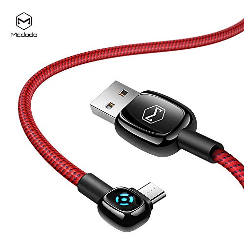 Product Cover [ Micro USB ] Power Off/On Smart LED Auto Disconnect, Mcdodo 90 Degree Right Angle Game Nylon Braided Sync Charge USB Data 5FT/1.5M Cable Compatible Samsung/HTC/MP3 More (Micro Red, 5FT/1.5M)
