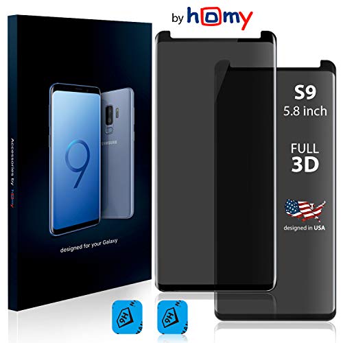 Product Cover HOMY screen protector for Samsung S9 (5.8 inch). UHD clear japanese tempered glass. Anti spy filter, 3D curved edge, case friendly. Bonus: spare front glass and camera lens cover.