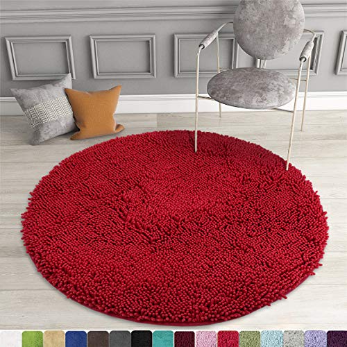 Product Cover MAYSHINE Round Bath Mat Non-Slip Chenille 3 Feet Shaggy Bathroom Rugs Extra Soft and Absorbent Perfect Plush Carpet for Living Room Bedroom, Machine Wash/Dry-Red