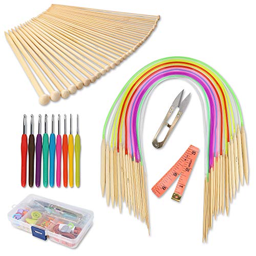 Product Cover GROWNEER Knitting Needles Set, 36 Pcs Single Pointed Bamboo Needles, 18 Pcs Circular Needles with Colored Tube, 9 Pcs Crochet Hooks with Grip, Weaving Tools Box Knitting Kits for Weave DIY Gift