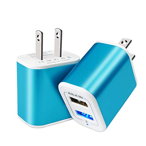 Product Cover USB Plug in Wall Charger, Charging Block, 2Pack Ailkin 2.1A Fast Charge Dual Port Power Adapter Cube Box Brick Base Compatible with Phone, Pad, LG, Honor, Samsung, Kindle Fire, Blue, All USB - Blue