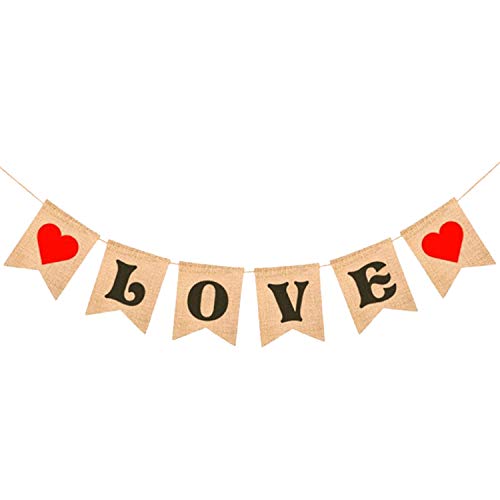 Product Cover LOVE Burlap Heart Banner - Assembled Banner | No DIY | Valentines Day Decorations - Valentine's Decorations | Valentines Day Banner Sign for Engagement, Wedding, Anniversary Decor, Valentines Garland