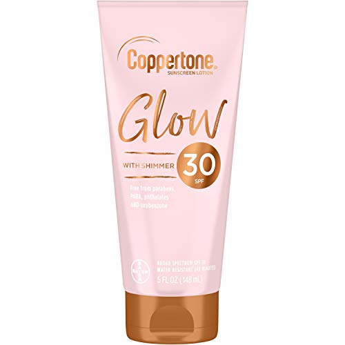 Product Cover Coppertone Glow Hydrating Sunscreen Lotion with Illuminating Shimmer Minerals and Broad Spectrum SPF 30, Water-resistant, Fast-drying, Free of Parabens, PABA, Phthalates, Oxybenzone, 5 oz