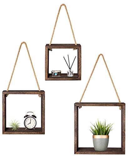 Product Cover Mkono Hanging Square Floating Shelves Wall Mounted Cube Display Shelf Rustic Shadow Boxes Decorative Boho Home Decor for Living Room Bedroom Apartment Office, Set of 3