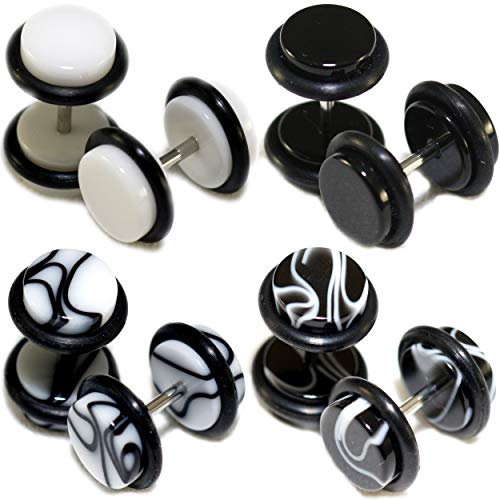 Product Cover 4 Pairs Black White Marble Acrylic Fake Cheaters Faux Illusion Plugs 0G Gauge 8mm Medium Size (8pcs)