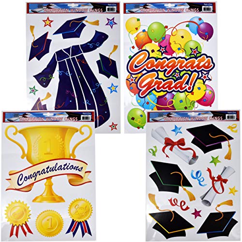 Product Cover Gift Boutique Graduation Window Clings 4 Pack Party Accessories Stickers Decorations for Cars, Kitchen, Congrats Grad Window Cling Stickers College, School Graduation for Boy or Girl Graduate