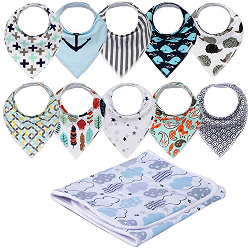 Product Cover Bandana Bibs for Boys and Burp Cloth Set - 10 Pack Organic Cotton - Soft Absorbent Drool Bibs - Baby Shower Gift - Newborn and Toddler by CuddleStreet