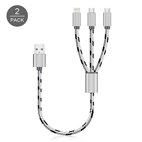 Product Cover SVEUC 2Pack Multi Charging Cable Multi Charger Cable USB Multi Cable 3 in 1 Charging Cable Short 1ft/0.35m Nylon Braided 3-1 Charging Cable for Phones(Silver)