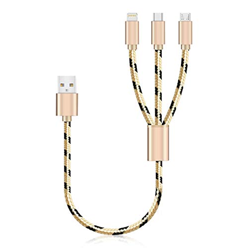Product Cover SVEUC 2Pack Multi Charging Cable Multi Charger Cable USB Multi Cable 3 in 1 Charging Cable Short 1ft/0.35m Nylon Braided 3-1 Charging Cable for Phones(Gold)