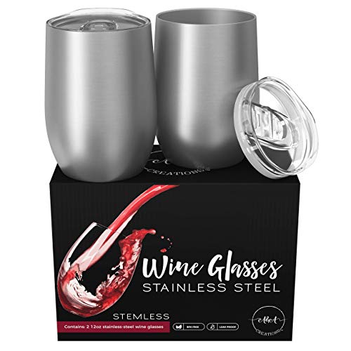 Product Cover Wine Tumblers with Lid 12 oz Stainless Steel Insulated Stemless Wine Glass Unbreakable Stainless Steel Tumbler Set of 2 BPA Free