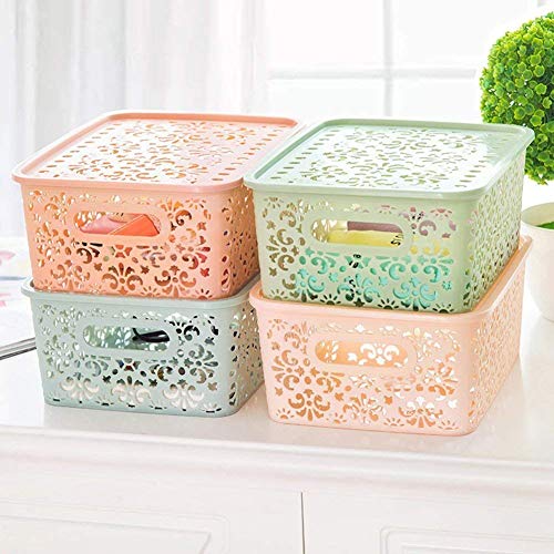 Product Cover Dhayni E Store Plastic Tapered Hollow Basket Storage Box Holder with Lid (31.5x23.5x12.5multicolored) Pack of 2 Big Size