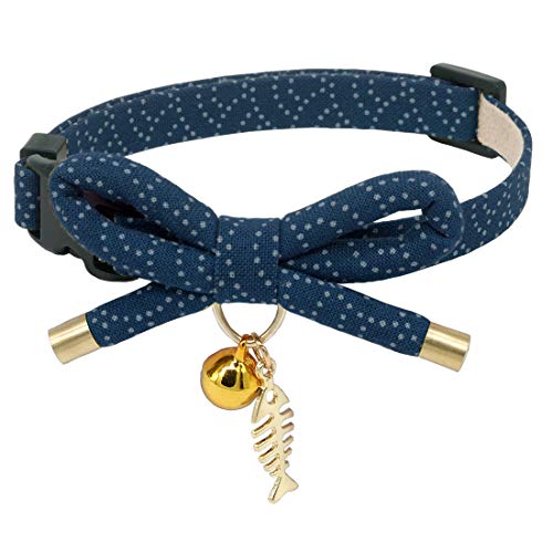 Product Cover PetSoKoo Bowtie Cat Collar with Bell. Stylish Bowknot with Fish Bone Pendant. Safety Breakaway, Light Weight, Soft, Durable. (Small (6-9.5 Inches,16-24cm), Navy Blue)